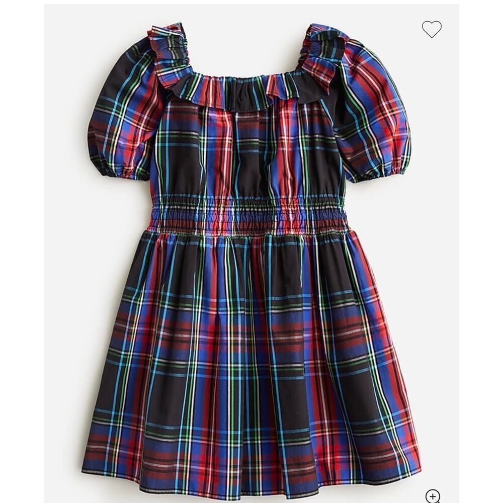 J. Crew CrewCuts Girls' puff-sleeve dress in black Stewart tartan